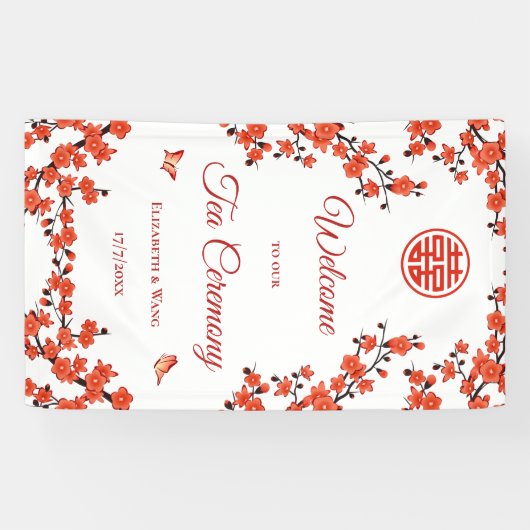 Rode Kersenbloesem Witte Thee Ceremonie Spandoek (Horizontaal)