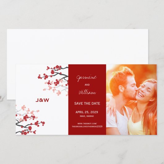 Rode Kersenbloesems Aziatische Sakura Bloemen Foto Save The Date (Voorkant / Achterkant)