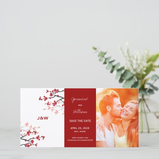 Rode Kersenbloesems Aziatische Sakura Bloemen Foto Save The Date (Staand voorkant)