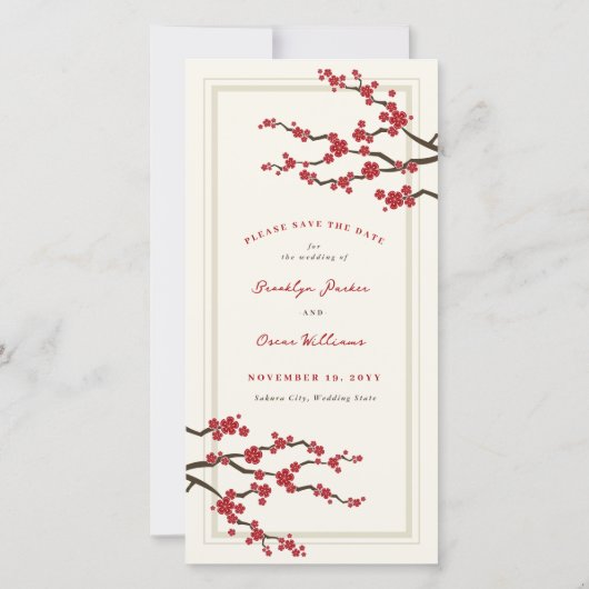Rode Kersenbloesems Aziatische Zen Sakura Bloemen  Save The Date (Achterkant)