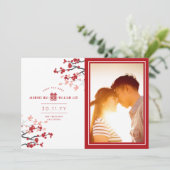 Rode Kersenbloesems Chinese dubbele geluk foto Save The Date (Staand voorkant)