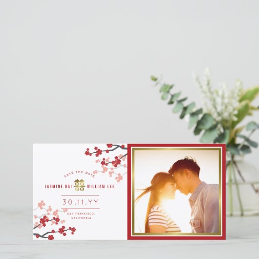 Rode Kersenbloesems Chinese dubbele geluk foto Save The Date (Staand voorkant)