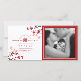 Rode Kersenbloesems Dubbel Geluk Foto Bruiloft Aankondiging