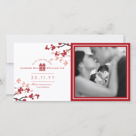 Rode Kersenbloesems Dubbel Geluk Foto Bruiloft Aankondiging (Voorkant)
