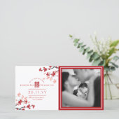 Rode Kersenbloesems Dubbel Geluk Foto Bruiloft Aankondiging (Staand voorkant)