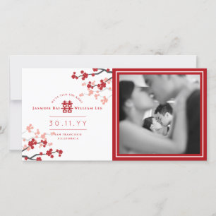 Rode Kersenbloesems Dubbel Geluk Foto Bruiloft Aankondiging