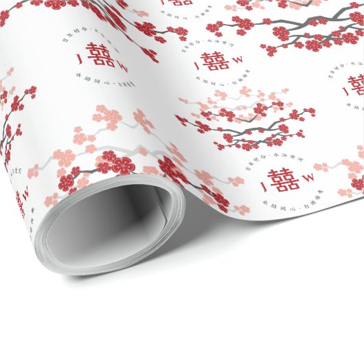 Rode kersenbloesems en dubbele Xi Chinese bruiloft Cadeaupapier (Rol Hoek)