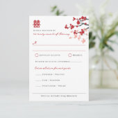 Rode kersenbloesems en dubbele Xi Chinese bruiloft RSVP Kaartje (Staand voorkant)