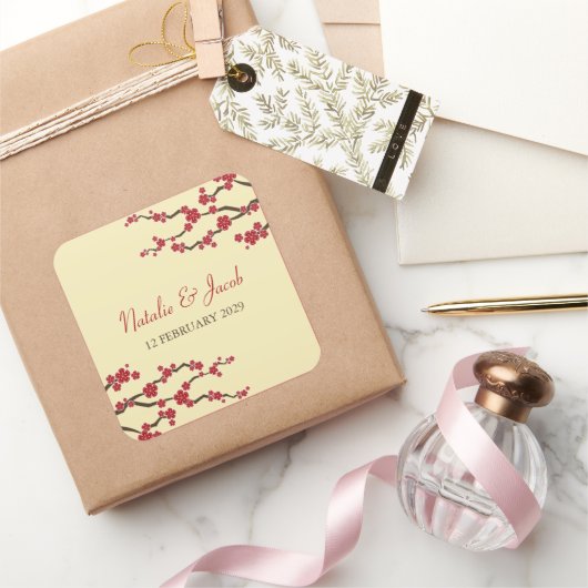 Rode Kersenbloesems Sakura Aziatische bruiloft gun Vierkante Sticker (Geschenken)