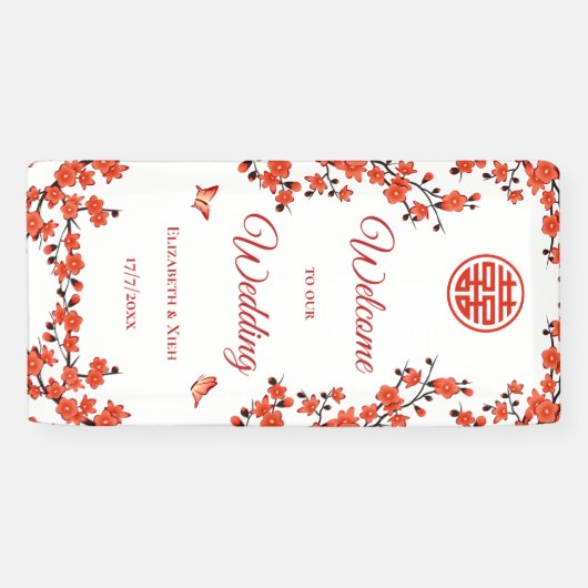 Rode Kersenbloesems Witte Chinese bruiloft Spandoek (Horizontaal)