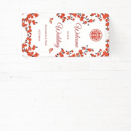 Rode Kersenbloesems Witte Chinese bruiloft Spandoek (Insitu)