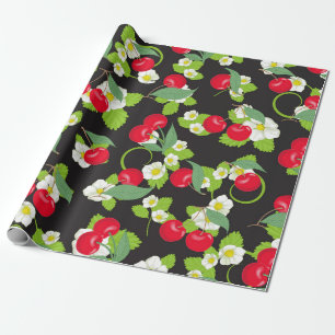 Rode Kersenfruit Groene Bladeren Mooie Witte Bloem Cadeaupapier