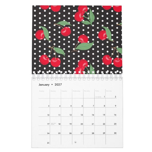 Rode Kersenvrucht Groene Bladeren Zwart Witte Stip Kalender (Jan 2027)