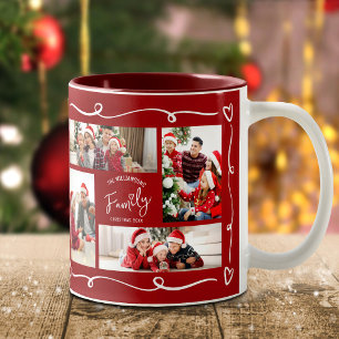 Rode Kerst 4 Foto Familie Handgetekende Doodles Tweekleurige Koffiemok
