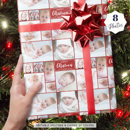 Rode Kerst 8 Fotocollage Gepersonaliseerde Custom Cadeaupapier