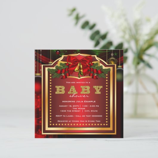 Rode kerst Baby shower Kaart (Staand voorkant)