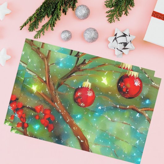 Rode kerst Baubles en gloeiende lichten Tissuepapier