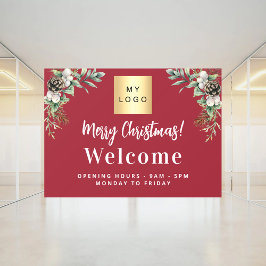 Rode kerst bedrijfslogo welkom openingsuren raamsticker