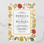 Rode Kerst Bloemen Fotocollage Bruiloftsgoud Folie Uitnodiging (Voorkant)