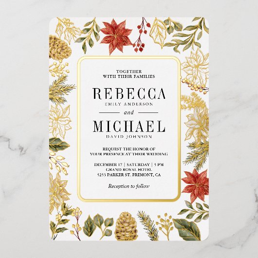Rode Kerst Bloemen Fotocollage Bruiloftsgoud Folie Uitnodiging (Voorkant)