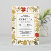 Rode Kerst Bloemen Fotocollage Bruiloftsgoud Folie Uitnodiging (Staand Voorkant)