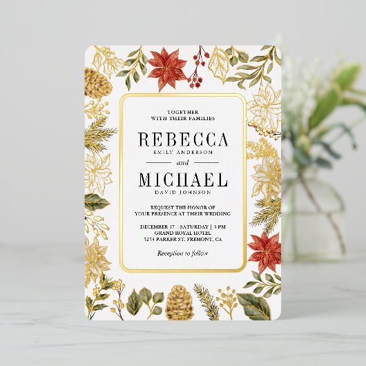 Rode Kerst Bloemen Fotocollage Bruiloftsgoud Folie Uitnodiging (Staand Voorkant)