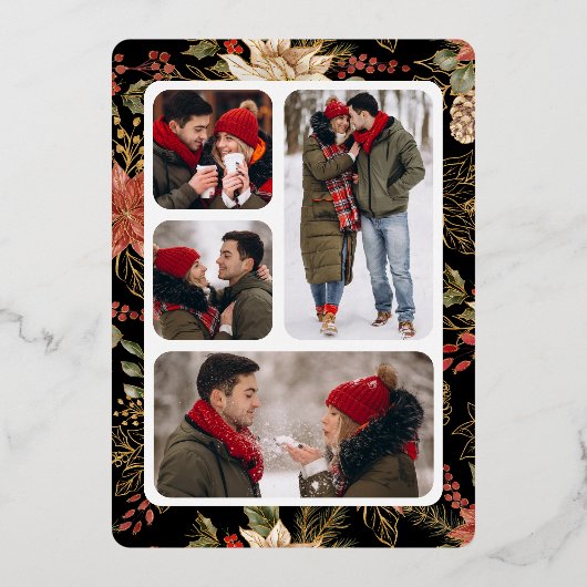 Rode Kerst Bloemen Fotocollage Bruiloftsgoud Folie Uitnodiging (Achterkant)