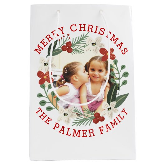 Rode kerst, bloemen met vakantiefoto's medium cadeauzakje (Voorkant)