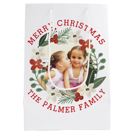 Rode kerst, bloemen met vakantiefoto's medium cadeauzakje (Achterkant)