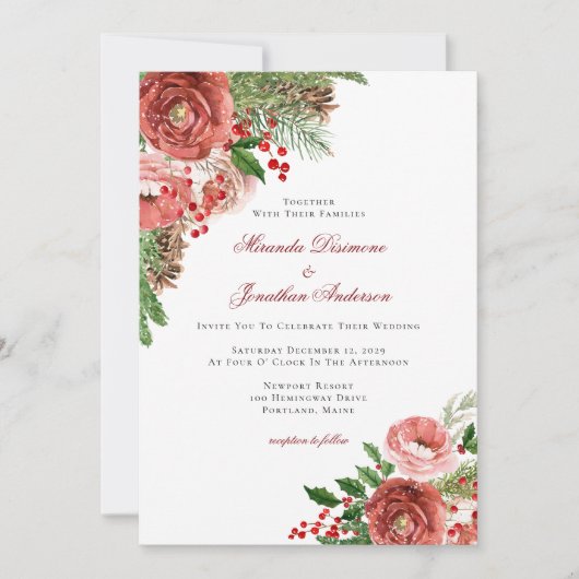 Rode Kerst Bloemen Winter Huwelijk Kaart (Voorkant)