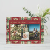 Rode Kerst Bloemrijke Plaid Familie 4 Foto Collage Feestdagenkaart (Staand voorkant)