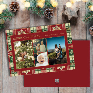 Rode Kerst Bloemrijke Plaid Familie 4 Foto Collage Feestdagenkaart