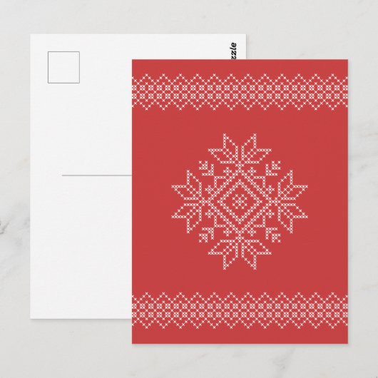 Rode kerst, borduurwerk, sneeuwvlokkunst, seizoens briefkaart (Voorkant / Achterkant)