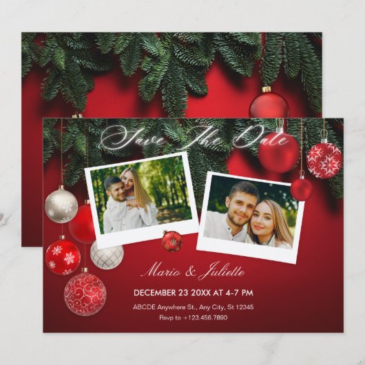 Rode Kerst bruiloft Fotocollage Save The Date (Voorkant / Achterkant)