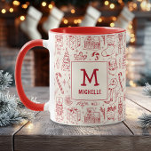 Rode Kerst Doodle Monogram en Naam Mok