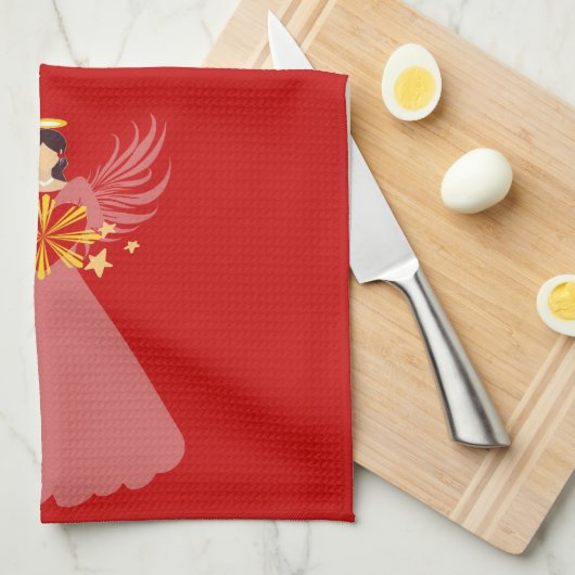 Rode Kerst Engel Hart Sterren Vleugels Halo Theedoek (Quarter Fold)