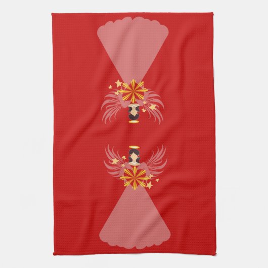 Rode Kerst Engel Hart Sterren Vleugels Halo Theedoek (Verticaal)