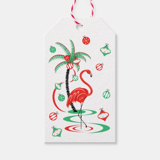 Rode Kerst Flamingo Baubles cadeau label Cadeaulabel (Voorkant)