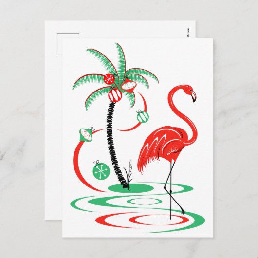 Rode Kerst Flamingo briefkaart (Voorkant / Achterkant)