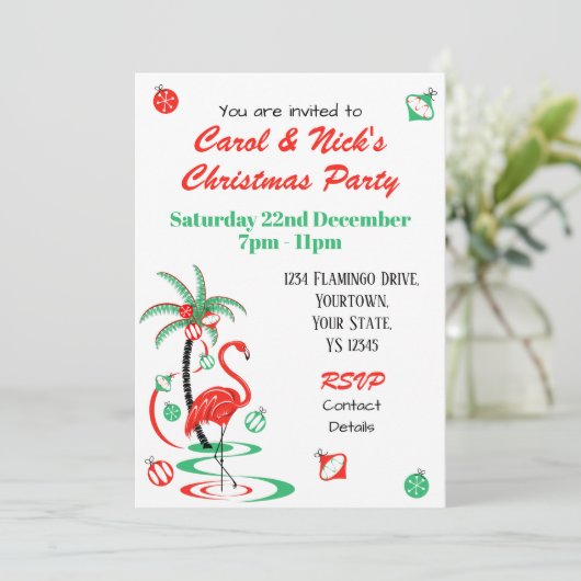 Rode Kerst Flamingo Multi terug uitnodiging (Staand voorkant)