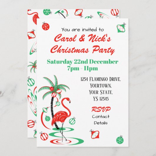 Rode Kerst Flamingo Multi terug uitnodiging (Voorkant / Achterkant)