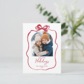 Rode Kerst Foto Hand-Drawn Bow Ribbon Feestdagenkaart (Staand voorkant)