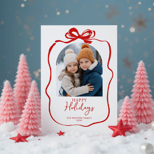 Rode Kerst Foto Hand-Drawn Bow Ribbon Feestdagenkaart