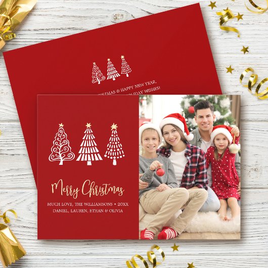 Rode Kerst Foto Whimsical Bomen Script Feestdagenkaart