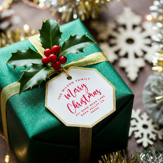 Rode kerst gebogen familienaam & retouradres zelfinktende stempel