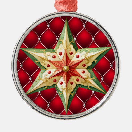 RODE KERST GETUFT PATROON MET GROENE RODE STER METALEN ORNAMENT (Voorkant)