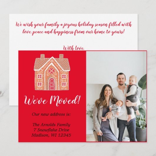 Rode Kerst Gingerbread Home Foto Verhuizen Feestdagenkaart (Voorkant / Achterkant)