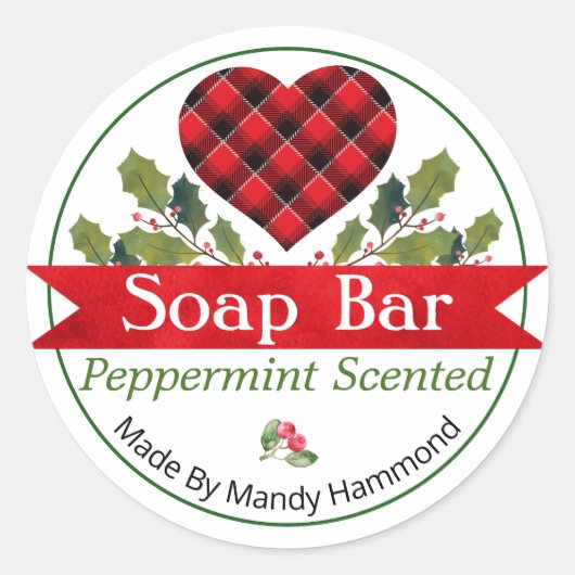Rode kerst Holly Pset Heart Soap Bar-labels Ronde Sticker (Voorkant)