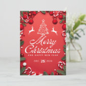 Rode Kerst Kaart met Boom + Rendieren Feest (Staand voorkant)