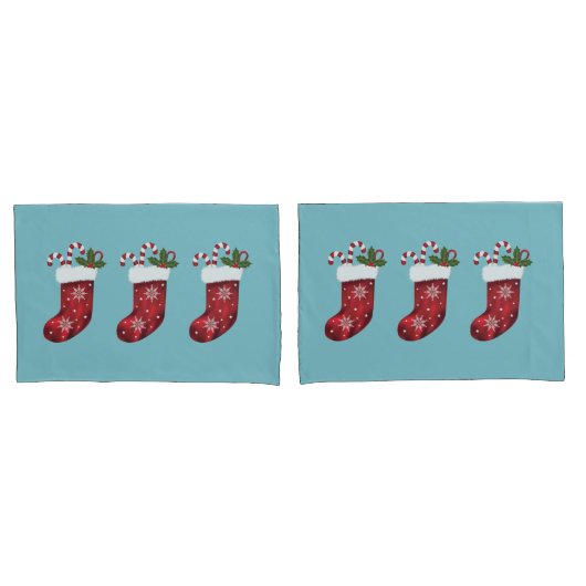 Rode Kerst Kousen Op Blauw Kussensloop (Voorkant-Set)